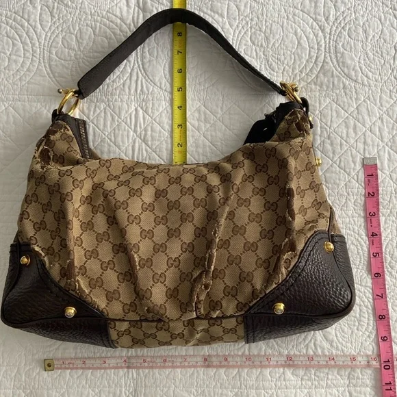 Gucci Jockey GG Monogram Canvas Brown Pebbled Leather Hobo Shoulder Bag - Picture 15 of 16